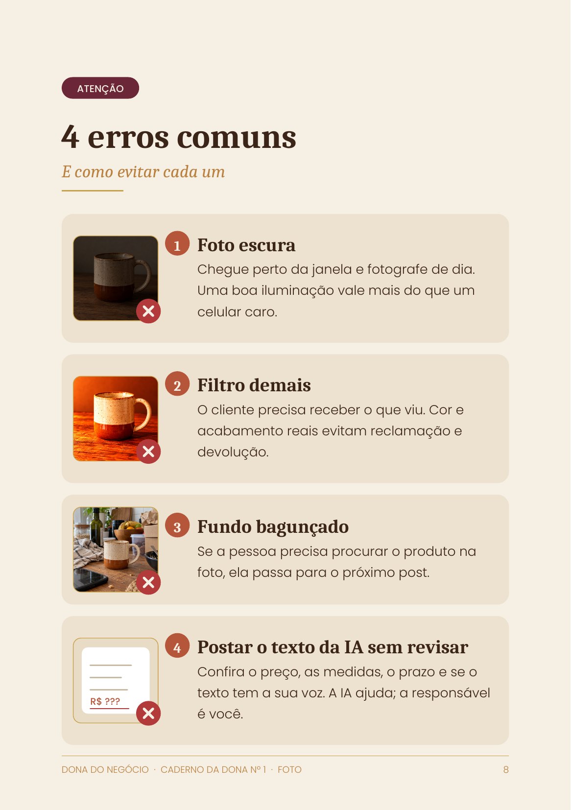 Página do caderno com os 4 erros comuns de foto e como evitar cada um